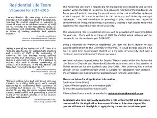 Residential Life Team Vacancies for 2014-2015