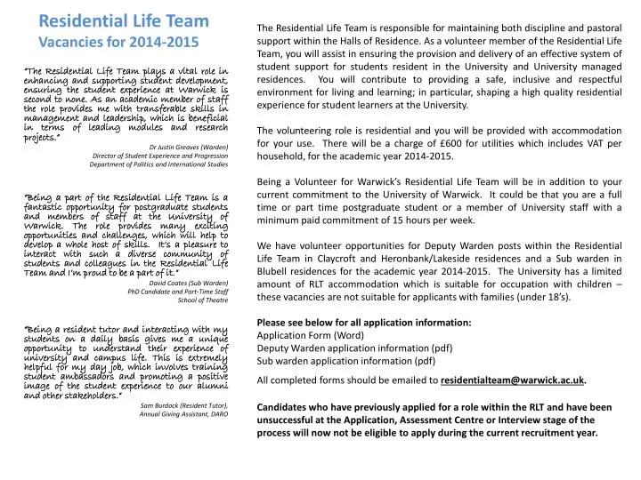 residential life team vacancies for 2014 2015