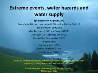 Extreme events, water hazards and water supply