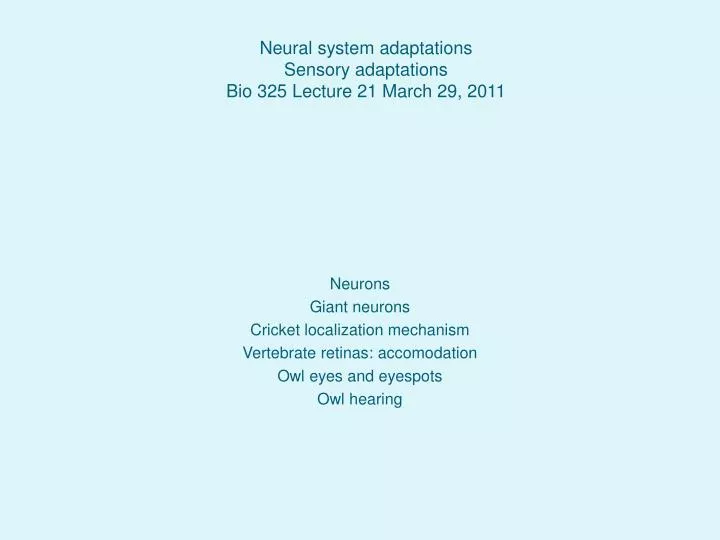 neural system adaptations sensory adaptations bio 325 lecture 21 march 29 2011