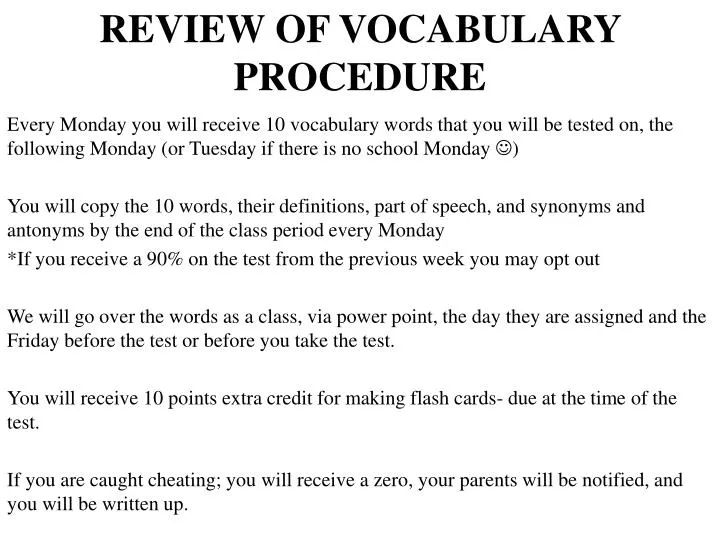 review of vocabulary procedure