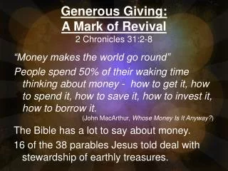 Generous Giving: A Mark of Revival 2 Chronicles 31:2-8
