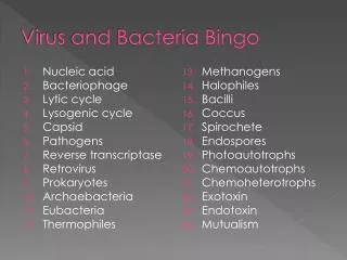 Virus and Bacteria Bingo