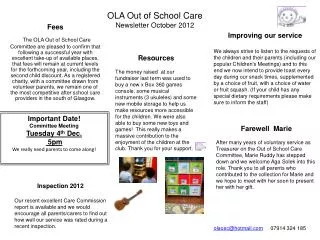 OLA Out of School Care Newsletter October 2012