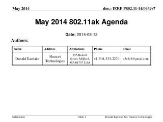 May 2014 802.11ak Agenda
