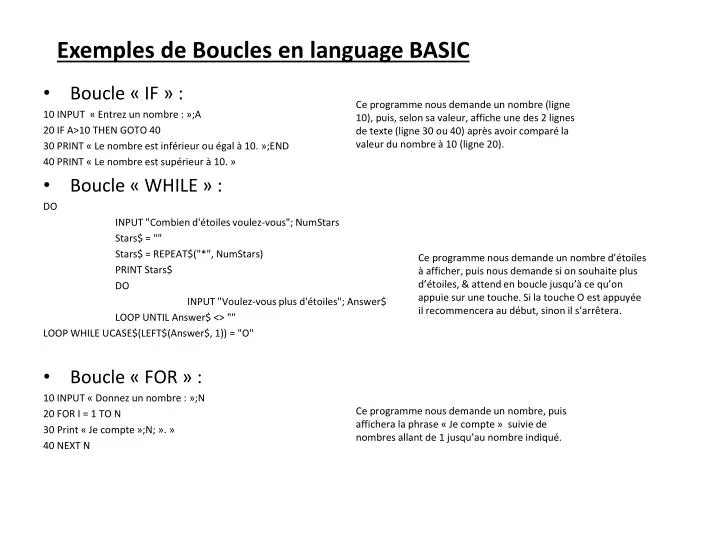 exemples de boucles en language basic