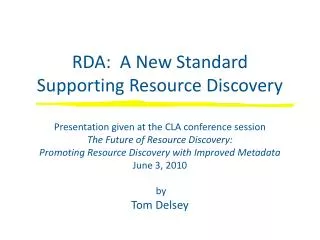 RDA: A New Standard Supporting Resource Discovery