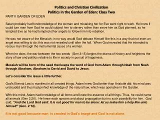 Politics and Christian Civilization Politics in the Garden of Eden: Class Two