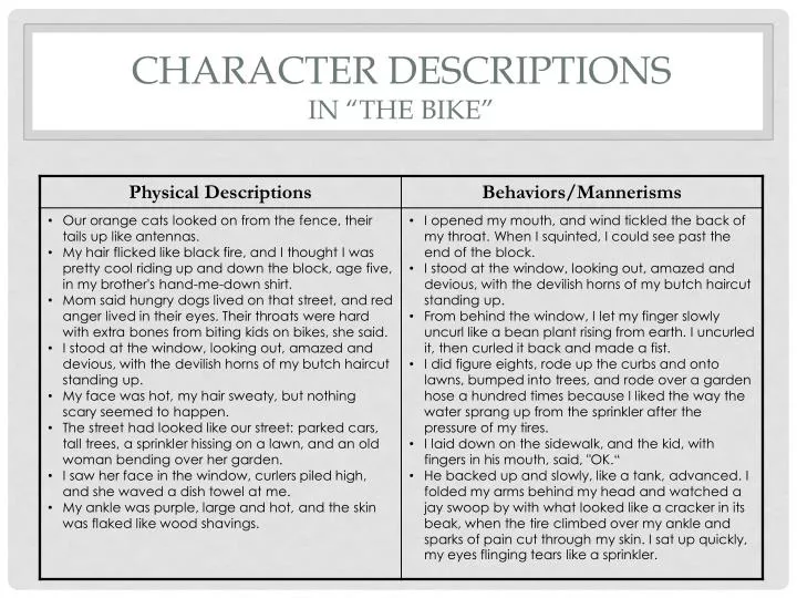 character descriptions in the bike