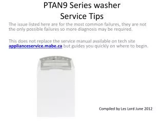 PTAN9 Series washer Service Tips