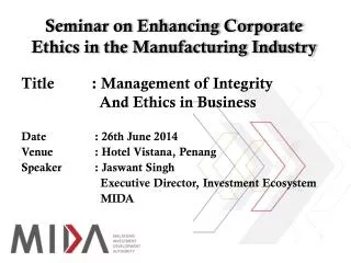 Seminar on Enhancing Corporate Ethics in the Manufacturing Industry