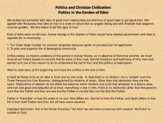 Politics and Christian Civilization: Politics in the Garden of Eden