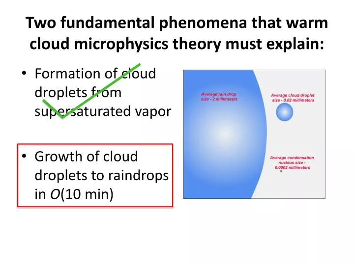two fundamental phenomena that warm cloud microphysics theory must explain