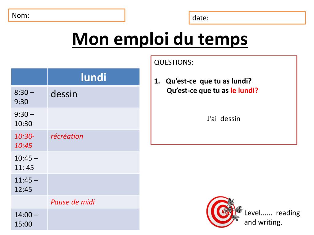 PPT - Mon emploi du temps PowerPoint Presentation, free download - ID ...