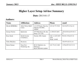 Higher Layer Setup Ad-hoc Summary