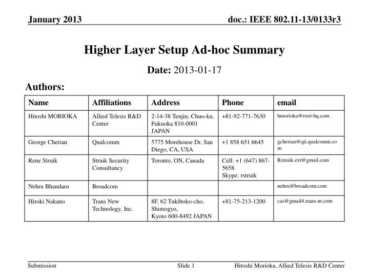 higher layer setup ad hoc summary