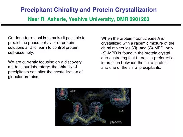 precipitant chirality and protein crystallization neer r asherie yeshiva university dmr 0901260