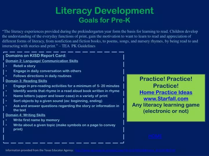literacy development goals for pre k