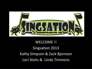 WELCOME !! Singsation 2013 Kathy Simpson &amp; Zack Bjornsen Lori Stohs &amp; Linda Timmons