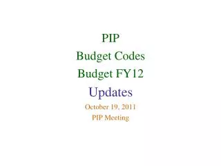 PIP Budget Codes Budget FY12 Updates October 19, 2011 PIP Meeting