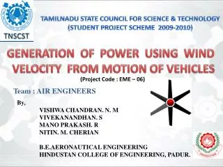 TAMILNADU STATE COUNCIL FOR SCIENCE &amp; TECHNOLOGY (STUDENT PROJECT SCHEME 2009-2010)