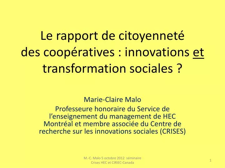 le rapport de citoyennet des coop ratives innovations et transformation sociales