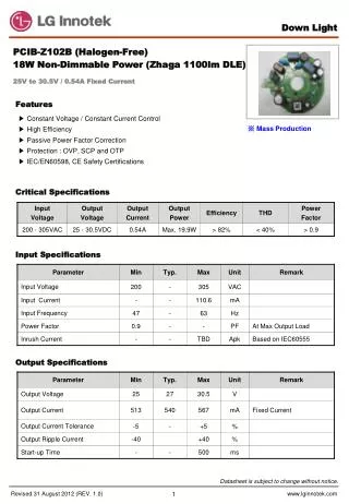 PCIB-Z102B (Halogen-Free) 18W Non-Dimmable Power (Zhaga 1100lm DLE)