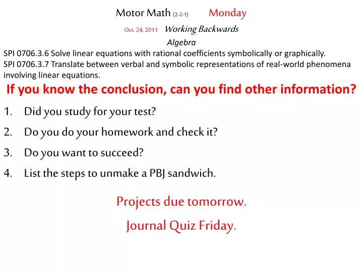 motor math 2 2 1 monday oct 24 2011 working backwards