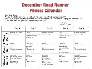 December Road Runner Fitness Calendar