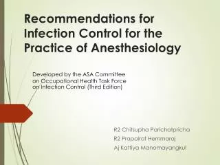 Recommendations for Infection Control for the Practice of Anesthesiology