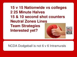 15 v 15 Nationwide vs colleges 2 25 Minute Halves 15 &amp; 10 second shot counters Neutral Zones Lines