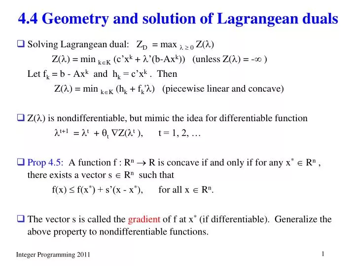 4 4 geometry and solution of lagrangean duals