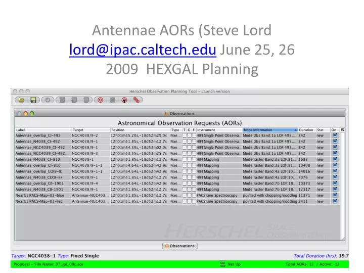 antennae aors steve lord lord@ipac caltech edu june 25 26 2009 hexgal planning