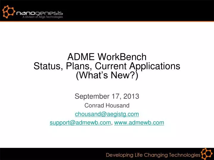 adme workbench status plans current applications what s new