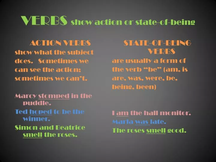 verbs show action or state of being