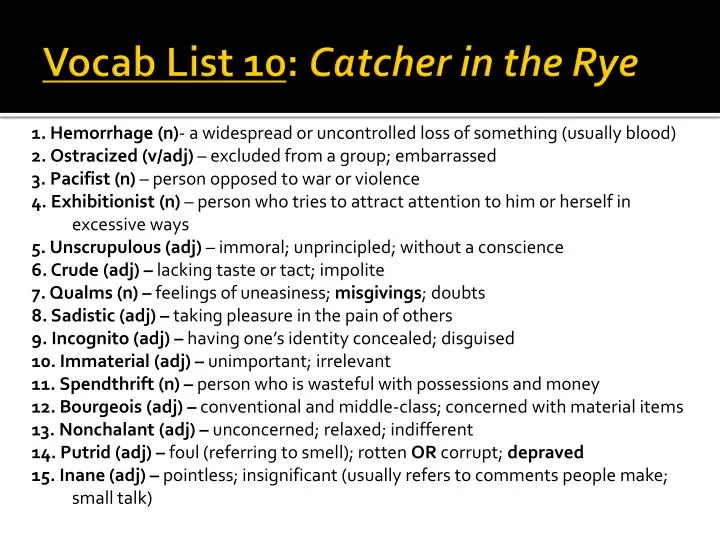 vocab list 10 catcher in the rye