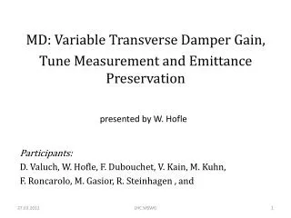 MD: Variable T ransverse Damper Gain, Tune Measurement and Emittance Preservation
