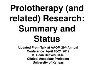 Prolotherapy (and related) Research: Summary and Status