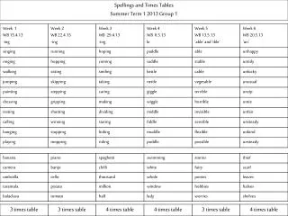 Spellings and Times Tables Summer Term 1 2013 Group 1