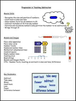 Progression in Teaching Subtraction Mental Skills Recognise the size and position of numbers