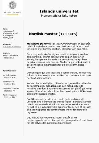 Islands universitet Humanistiska fakulteten Nordisk master ( 120 ECTS )