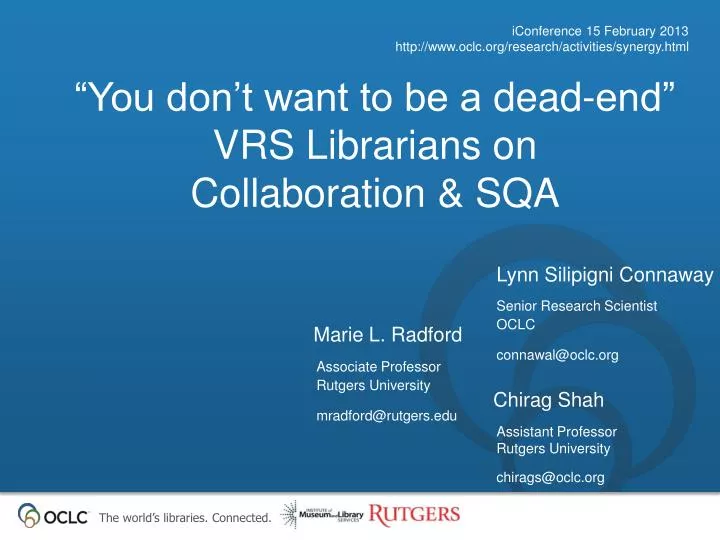 you don t want to be a dead end vrs librarians on collaboration sqa