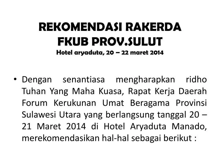 rekomendasi rakerda fkub prov sulut hotel aryaduta 20 22 maret 2014