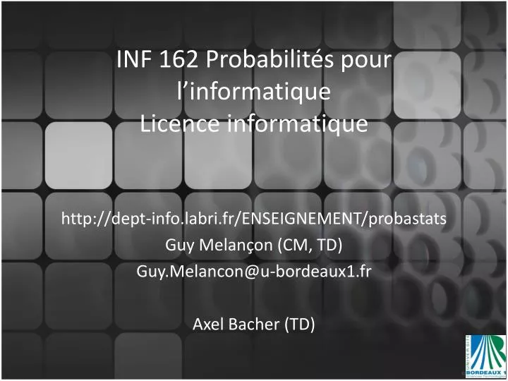 inf 162 probabilit s pour l informatique licence informatique