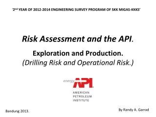 Risk Assessment and the API . Exploration and Production. (Drilling Risk and Operational Risk.)