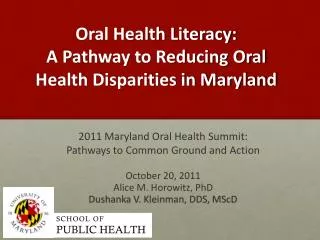 Oral Health Literacy: A Pathway to Reducing Oral Health Disparities in Maryland