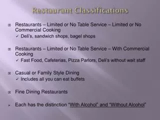 Restaurant Classifications