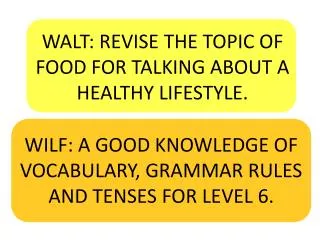 WALT: REVISE THE TOPIC OF FOOD FOR TALKING ABOUT A HEALTHY LIFESTYLE.