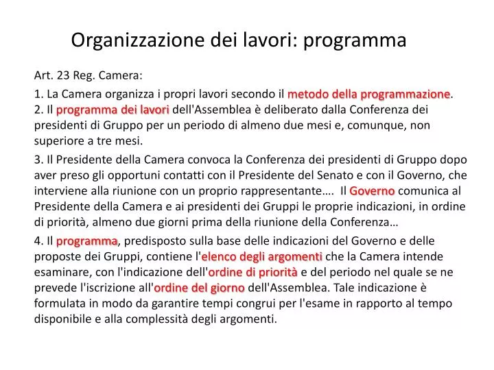 organizzazione dei lavori programma