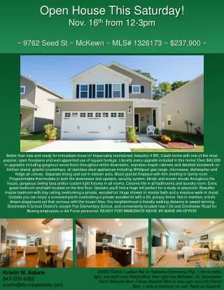 Open House This Saturday ! Nov. 16 th from 12-3pm